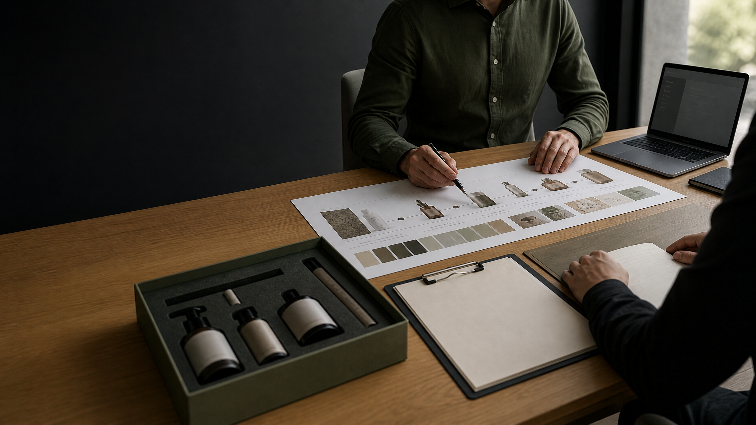 Two people reviewing product preparation materials at a meeting table