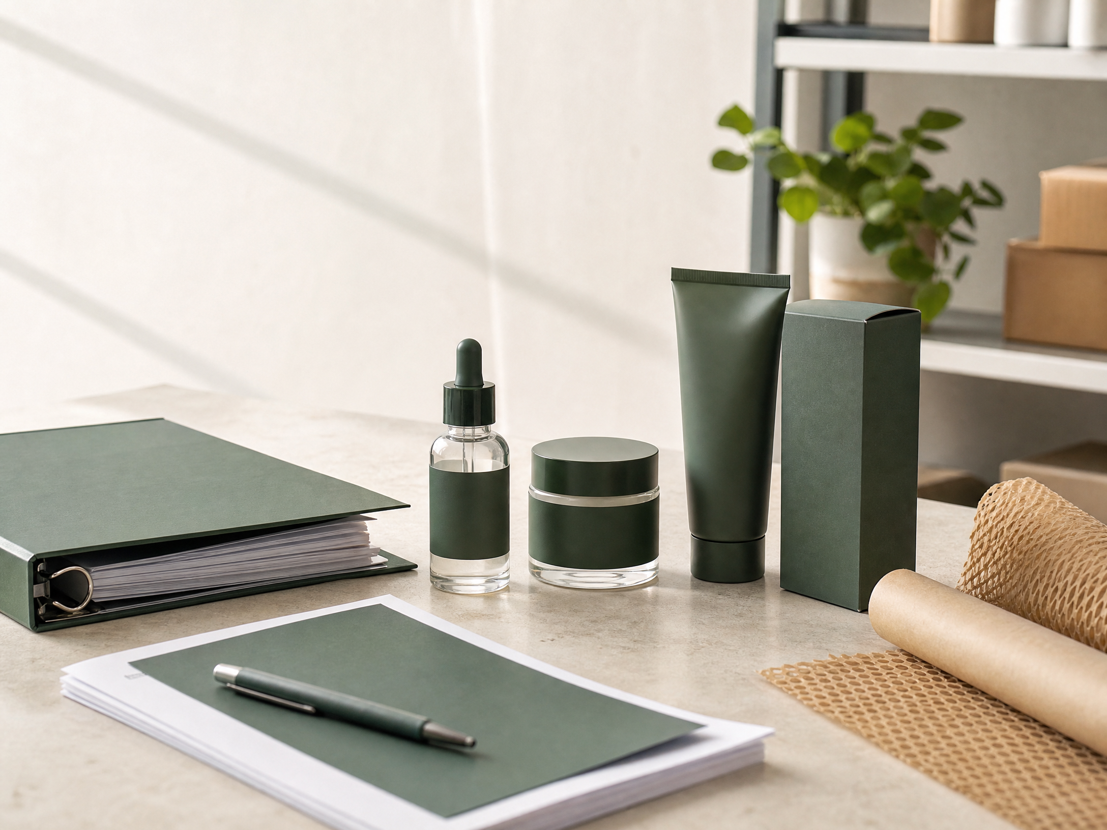 Unbranded cosmetics and product-preparation materials on a worktable